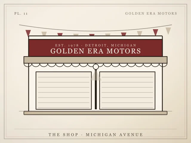 Illustration of the Golden Era Motors garage with its sign, awning and two roll-up doors