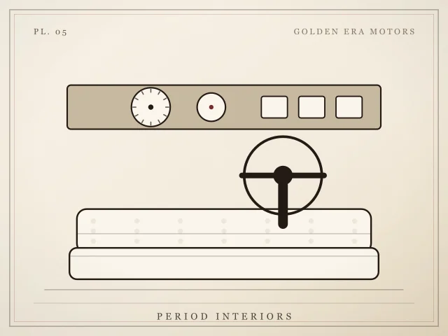 Illustration of a bench seat, steering wheel and instrument panel