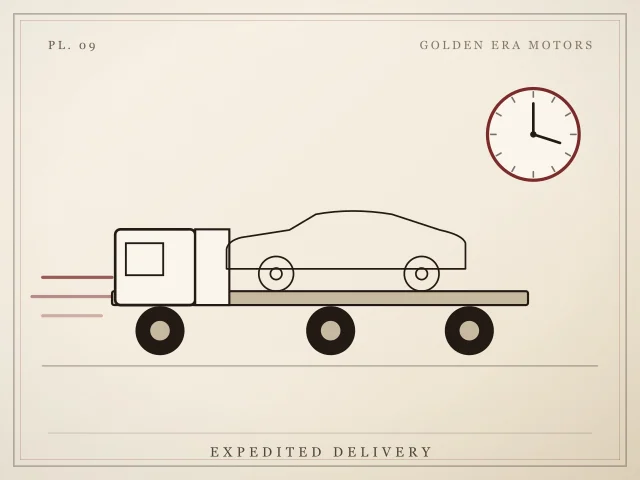 Illustration of a flatbed truck carrying one car at speed, with a clock