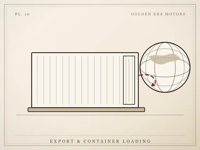 Illustration of a shipping container beside a globe with an export route